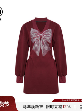 TCH潮牌蝴蝶结烫钻红色气质V领加厚连衣裙女25冬新款T75D30E1022