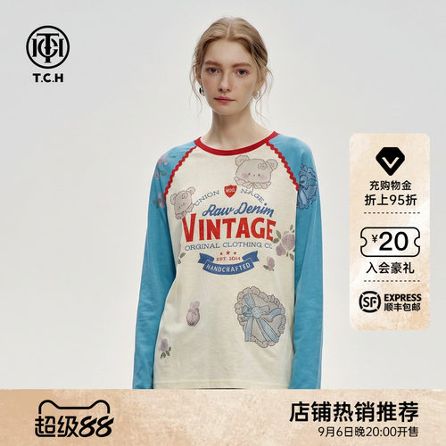 撞色插肩袖宽松显瘦长袖T恤女