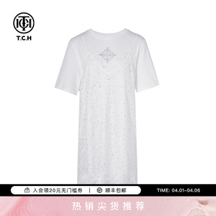 满天星烫钻时尚 白色蕾丝拼接连衣裙女T75B30E1007 新款 TCH2025夏季