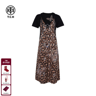 TCH私服烫钻豹纹个性 假两件宽松显瘦时髦洋气连衣裙女T75B30E5130