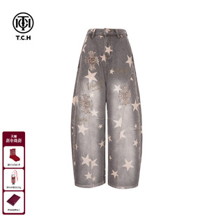 新款 TCH时尚 女25冬季 街头加绒弯刀阔腿牛仔裤 T75D20E5019 烫钻美式