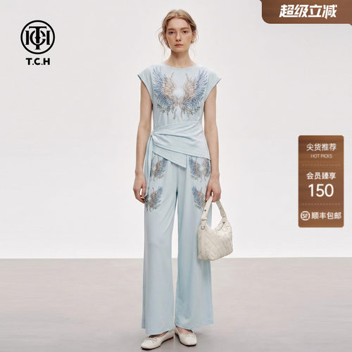 夏日清新烫钻翅膀蓝色套装女