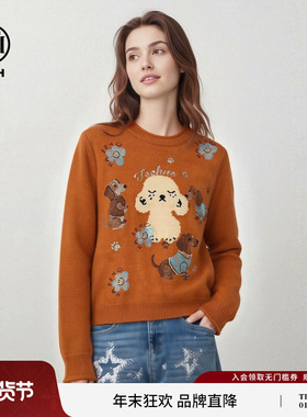 TCH时尚减龄烫钻小狗橘色保暖休闲宽松女装针织衫女T78A09E1026