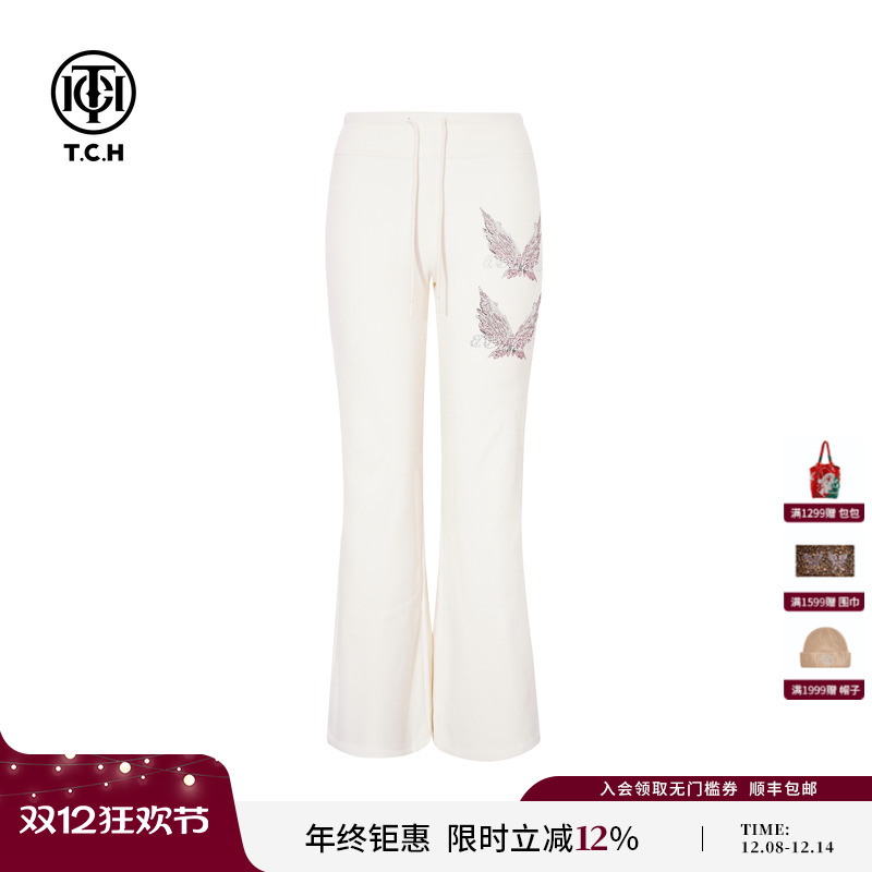TCH蝴蝶烫钻休闲加厚百搭显瘦微喇裤女2025秋冬新款T75D20E1173