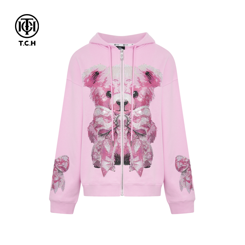 TCH轻奢潮牌粉色小熊宽松连帽卫衣外套女2025冬季新款T75C17E9012