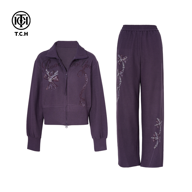 TCH轻奢烫钻潮牌紫色卫衣外套休闲裤套装女25秋季新款T75C07E1038