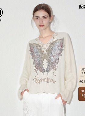 TCH温柔风烫钻提花蕾丝边V领针织衫女2025冬季新款T75D09E1289