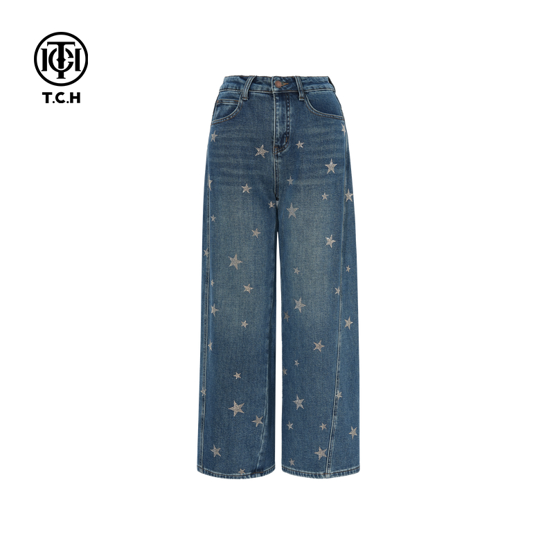 TCH私服25秋冬新款烫钻美式复古做旧休闲阔腿牛仔裤女T75D20E1046