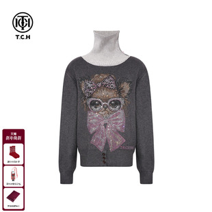 T75D09E1241 新款 TCH烫钻撞色宽松高领毛衣时尚 收腰针织女2025冬季