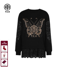 TCH私服烫钻设计感蕾丝拼接宽松洋气卫衣女25早秋新款T75C11B1015