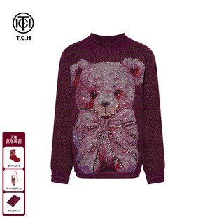烫钻可爱小熊紫色针织衫 时尚 毛衣女T75D09E1243 新款 TCH2025冬季