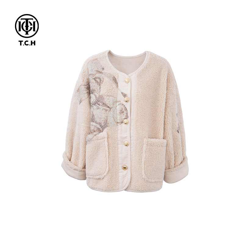 TCH私服时尚潮牌烫钻小熊毛毛外套女秋冬新款T72C27E5012