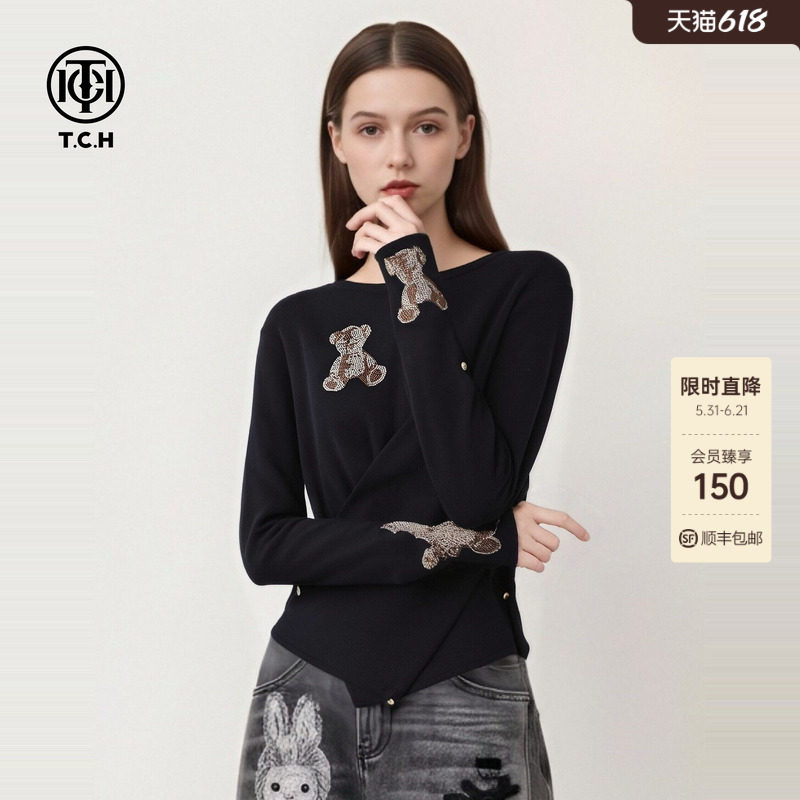 TCH潮牌时尚百搭烫钻小熊收腰针织衫春夏新款T72C09E5094