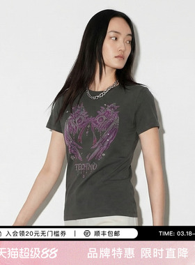 TCH2026春夏季新款翅膀烫钻深灰色修身百搭短袖T恤女T78A10E1053