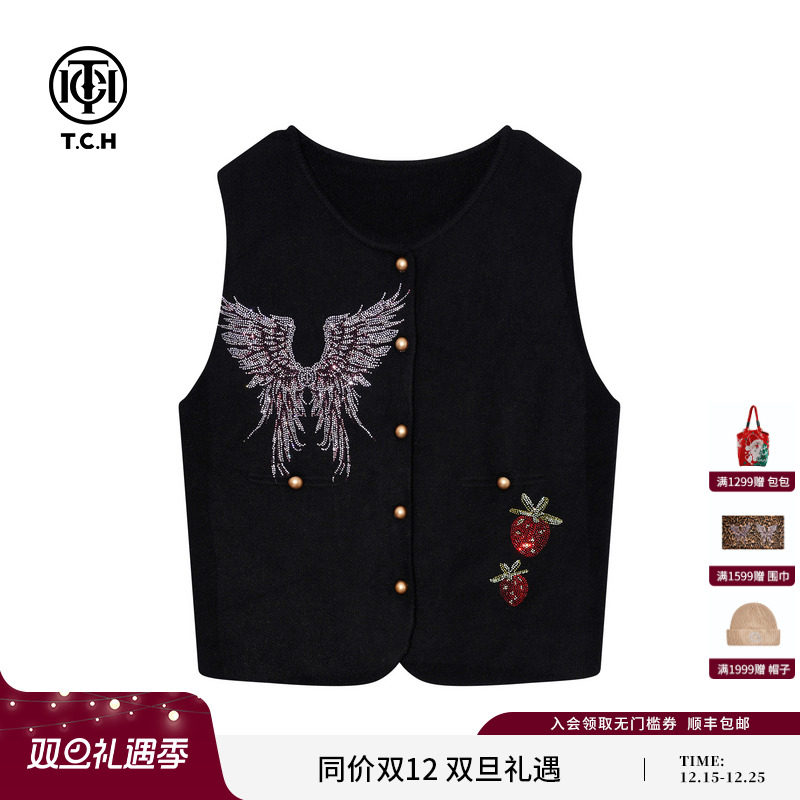 TCH时尚烫钻黑色针织马甲女秋冬叠穿开衫圆领上衣女T75D09E5042