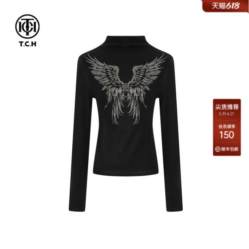 TCH翅膀烫钻时尚修身显瘦半高领灰色打底衫上衣女T75C02E1006