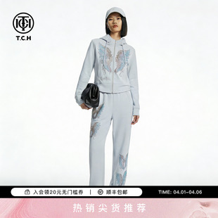 TCH重工烫钻幻彩翅膀连帽短外套休闲裤 女T78A07E1151 运动减龄套装