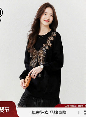 TCH法式钻炫蝴蝶结高级黑长袖蕾丝拼接长卫衣连衣裙女T75C30B1009