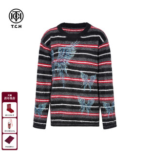 T75D09E5089 新款 TCH烫钻复古条纹撞色圆领毛衣针织衫 女2025冬季