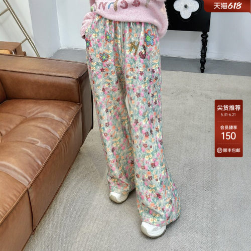 TCH2025冬季新款烫钻慵懒风花色加绒高腰阔腿休闲裤女T75D20E1238