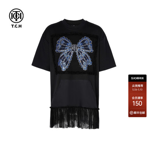 TCH蝴蝶结烫钻蕾丝拼接宽松韩版显瘦短袖T恤女夏T75C10B1010