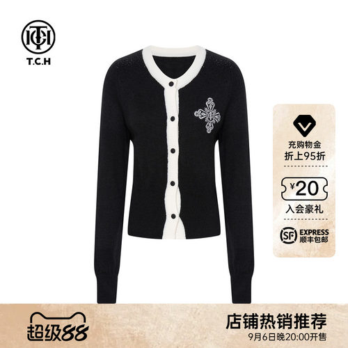 TCH轻奢烫钻绵羊毛撞色针织开衫上衣女2026早秋新款T75C43E9010