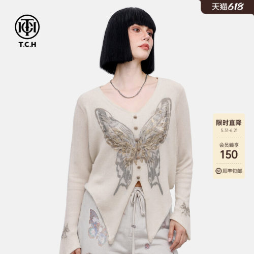 TCH私服烫钻蝴蝶V领时髦不规则针织衫女2026夏季新款T75A09E5058