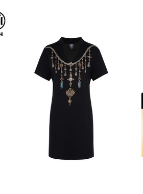 TCH轻奢烫钻时尚百搭宽松显瘦V领连衣裙女夏季新款T75B30E102026