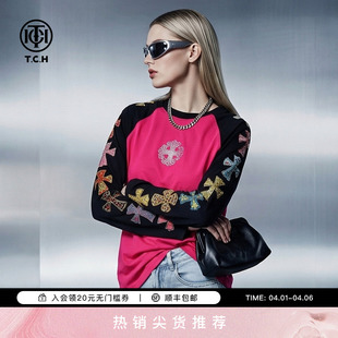 T恤女26春夏新款 T78A086128 宽松长袖 TCH甜酷烫钻十字花撞色插肩袖
