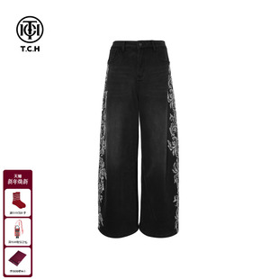 女T75D20E1162 高腰显瘦阔腿黑色加绒牛仔裤 TCH时尚 烫钻2025冬新款
