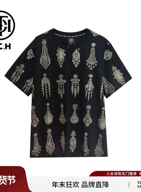 TCH烫钻华丽耳钉满钻黑色休闲宽松夏季短袖T恤T72B10E6058