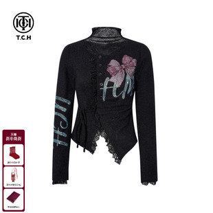 TCH私烫钻秋冬时尚 女T75D09E5029 黑色蕾丝拼接气质显瘦打底针织衫