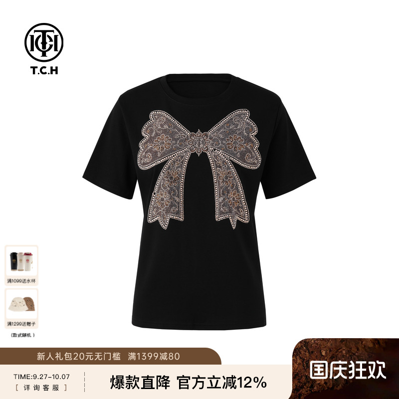 TCH私服烫钻蝴蝶结黑色短袖T恤女2025春夏新款T75A10E5015