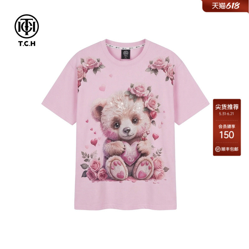 TCH潮牌烫钻时尚休闲百搭舒适卡通宽松短袖T恤女T75B10E9005