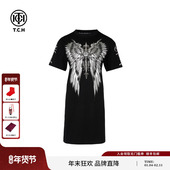 TCH烫钻大翅膀时尚 休闲轻奢洋气黑色长款 T恤连衣裙女T72B30E6001