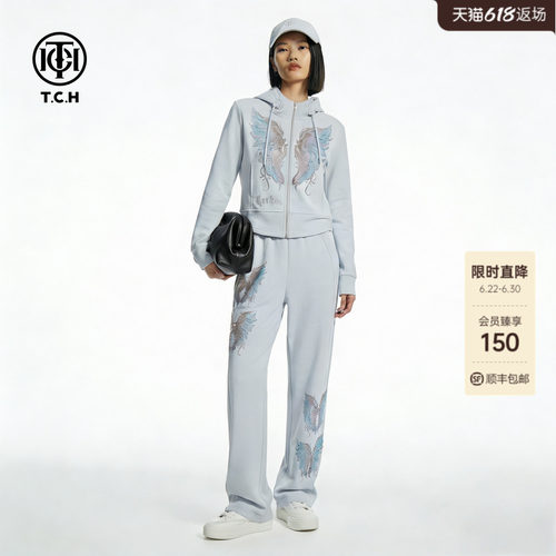 TCH重工烫钻幻彩翅膀连帽短外套休闲裤运动减龄套装女T78A07E1151
