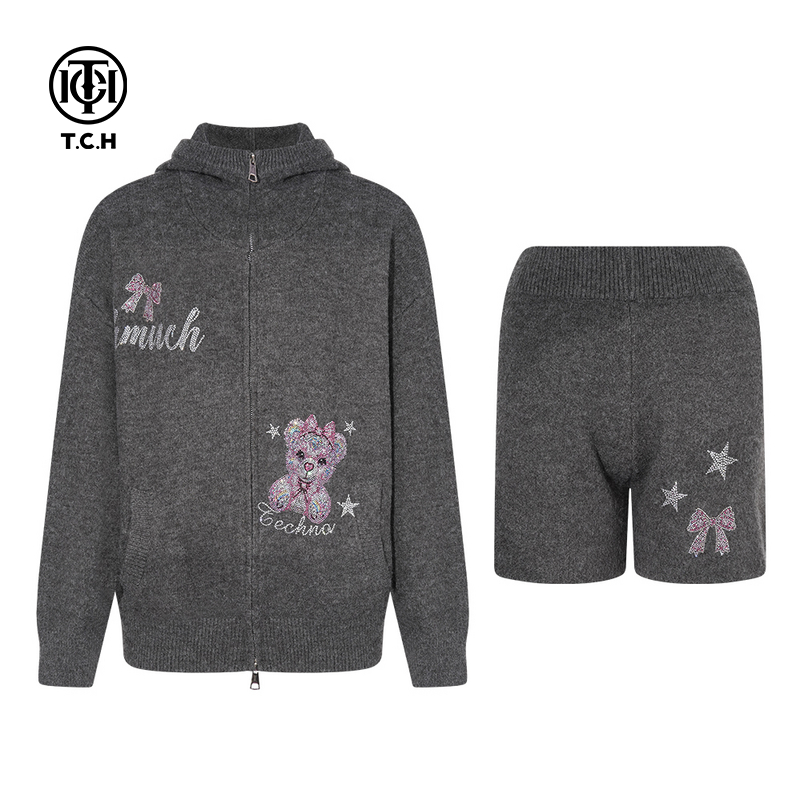 TCH私服烫钻25秋冬新款时尚气质灰色针织外套短裤套装T75C07E1105