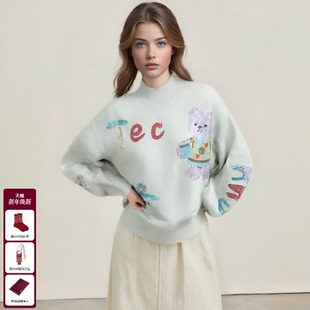 T75D09E1249 新款 TCH慵懒甜妹减龄烫钻小熊半高领针织衫 女2025冬季