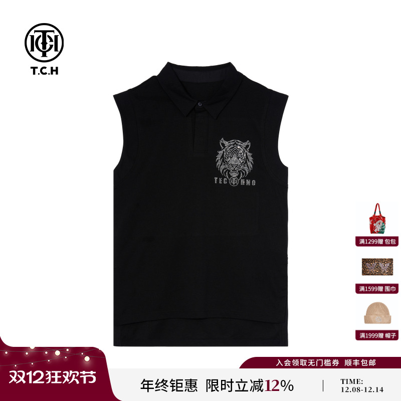 TCH私服烫钻时尚洋气休闲百搭polo领无袖T恤女新款T75C10B1036