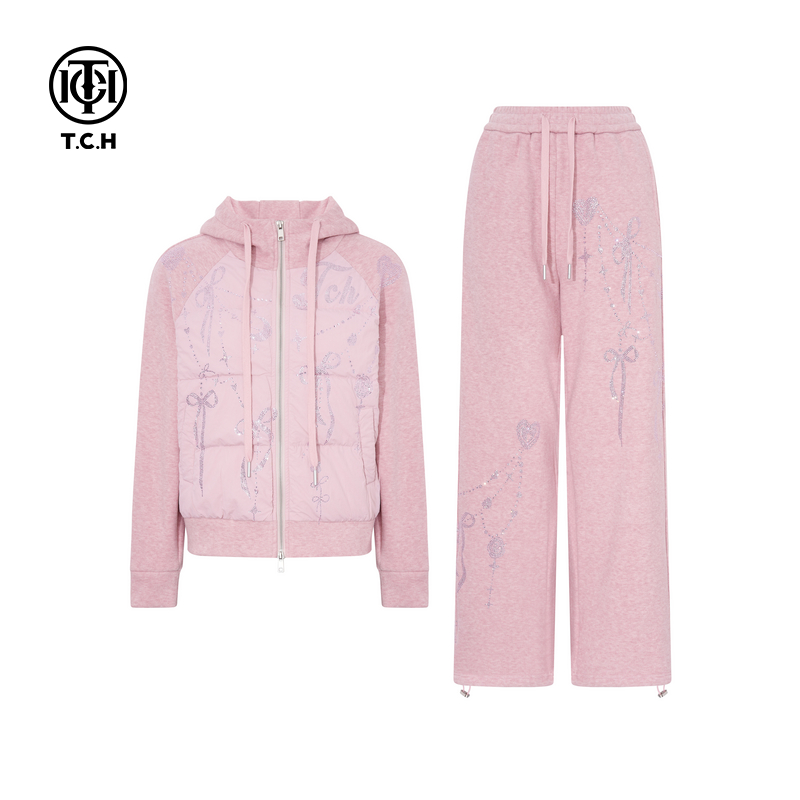 TCH私服25秋冬新款烫钻时尚粉色连帽外套休闲裤套装女T75D07E1037