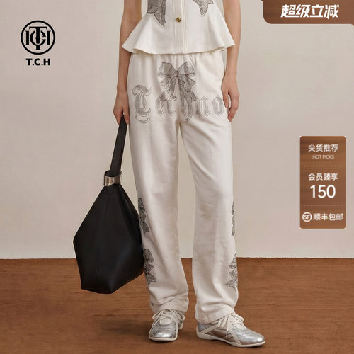 TCH潮牌白色蝴蝶结烫钻直筒裤
