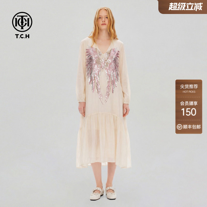 TCH烫钻翅膀连衣裙女米色V领宽松高级感仙女长裙夏季T78A30E1088