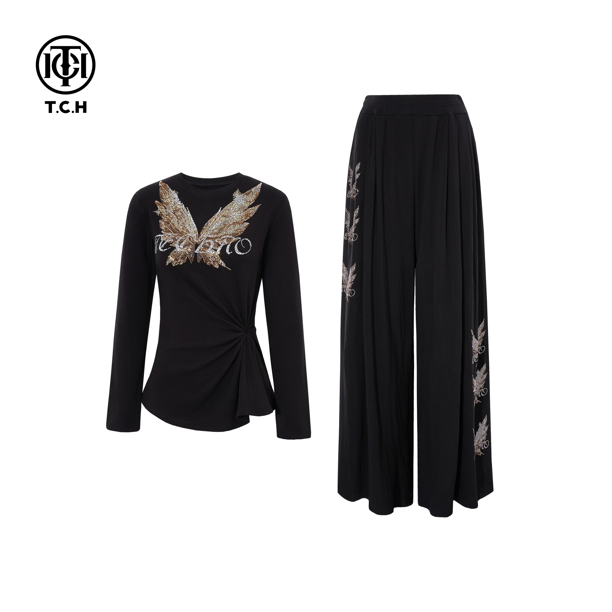 TCH百搭时尚烫钻气黑色收腰显瘦上衣宽松休闲裤套装女T75D07E1069