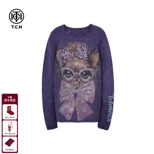 烫钻宽松紫色圆领毛衣针织衫 绵羊毛时尚 女T75D09E1263 新款 TCH冬季
