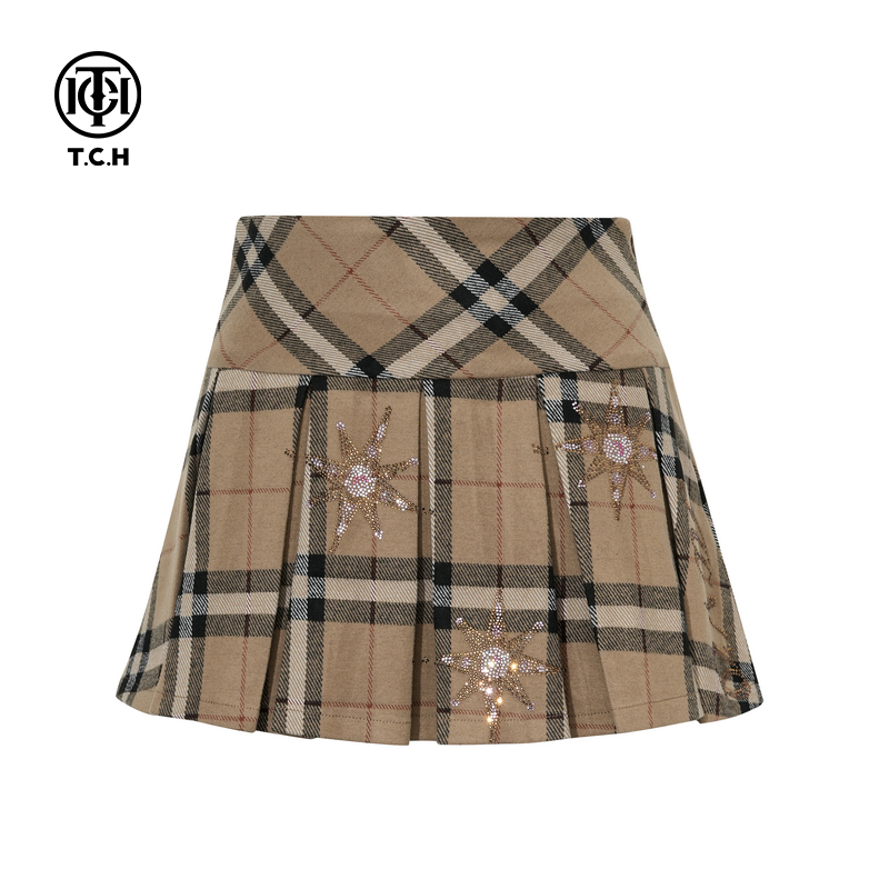 TCH私服烫钻25秋冬新款学院风A字高腰显瘦百褶短裙女T75D22E1003