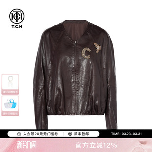 T75C16E5001 新款 TCH烫钻美拉德复古洋气短款 皮衣外套女2025春季