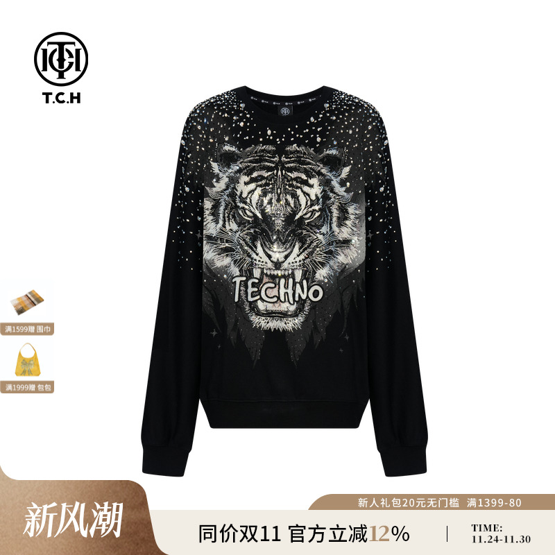 TCH轻奢潮牌虎头烫钻25秋冬新款重工圆领卫衣男女同款T75C11E9008