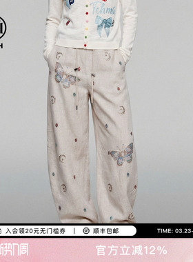 TCH烫钻亚麻薄款高腰弯刀裤阔腿宽松休闲裤女夏季T75B20E5089