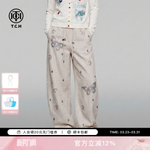 女夏季 阔腿宽松休闲裤 T75B20E5089 高腰弯刀裤 TCH烫钻亚麻薄款