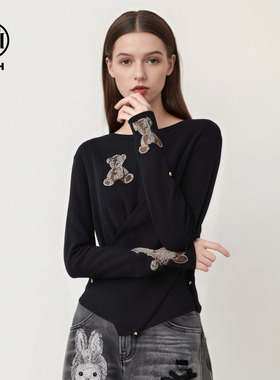 TCH私服潮牌时尚百搭烫钻小熊收腰针织衫秋冬新款T72C09E5094